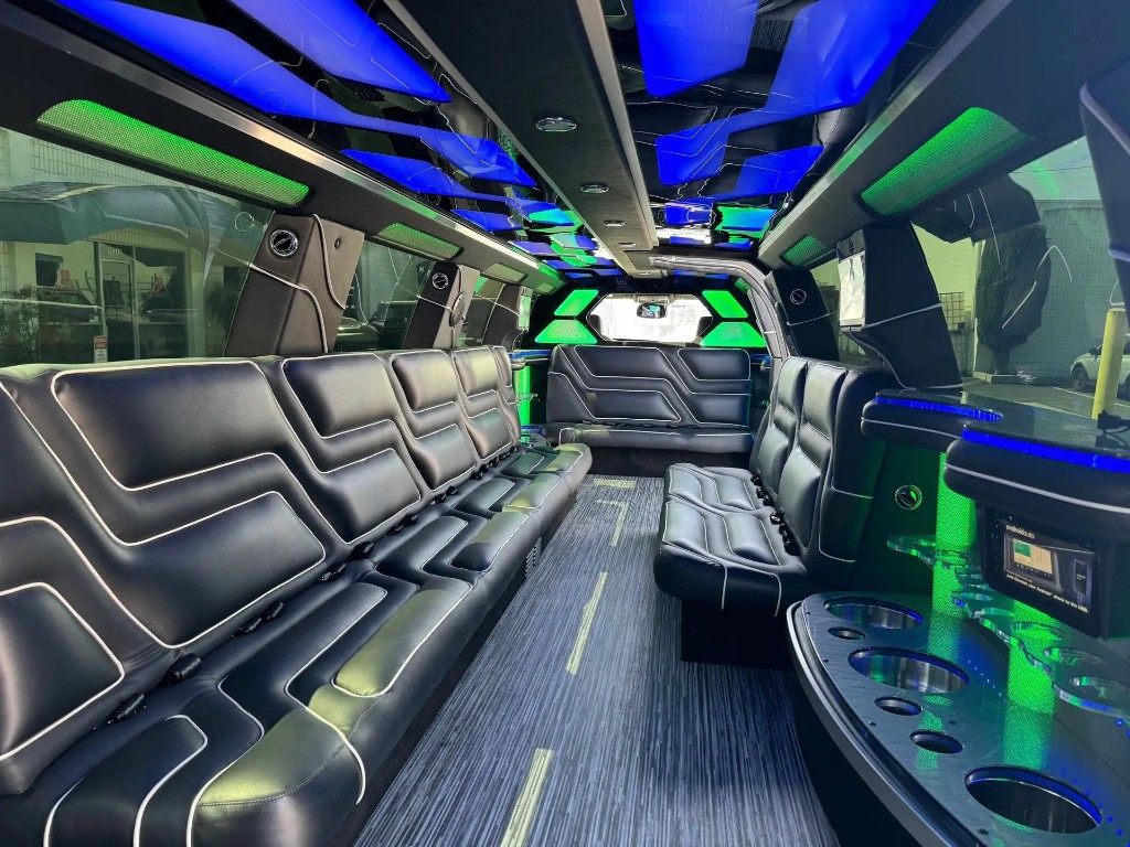 Luxury party bus interior with premium seating and LED lighting